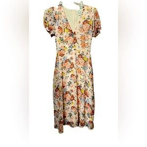 Blue Rain Floral Ruffle Puffy Sleeve Zip Up V Neck Dress